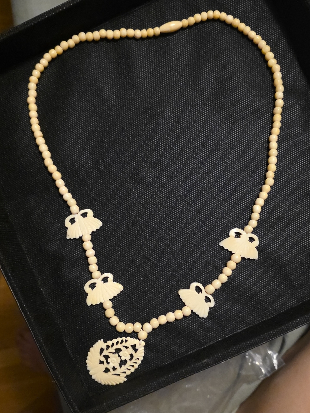 1970 Ivory Bead Necklace with Carved Pendant - Women Jewelry